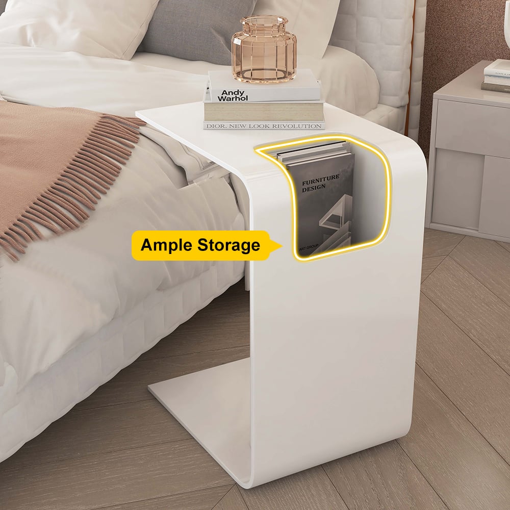 HMR C-Shaped Convertible Wood Side Table with Storage - White