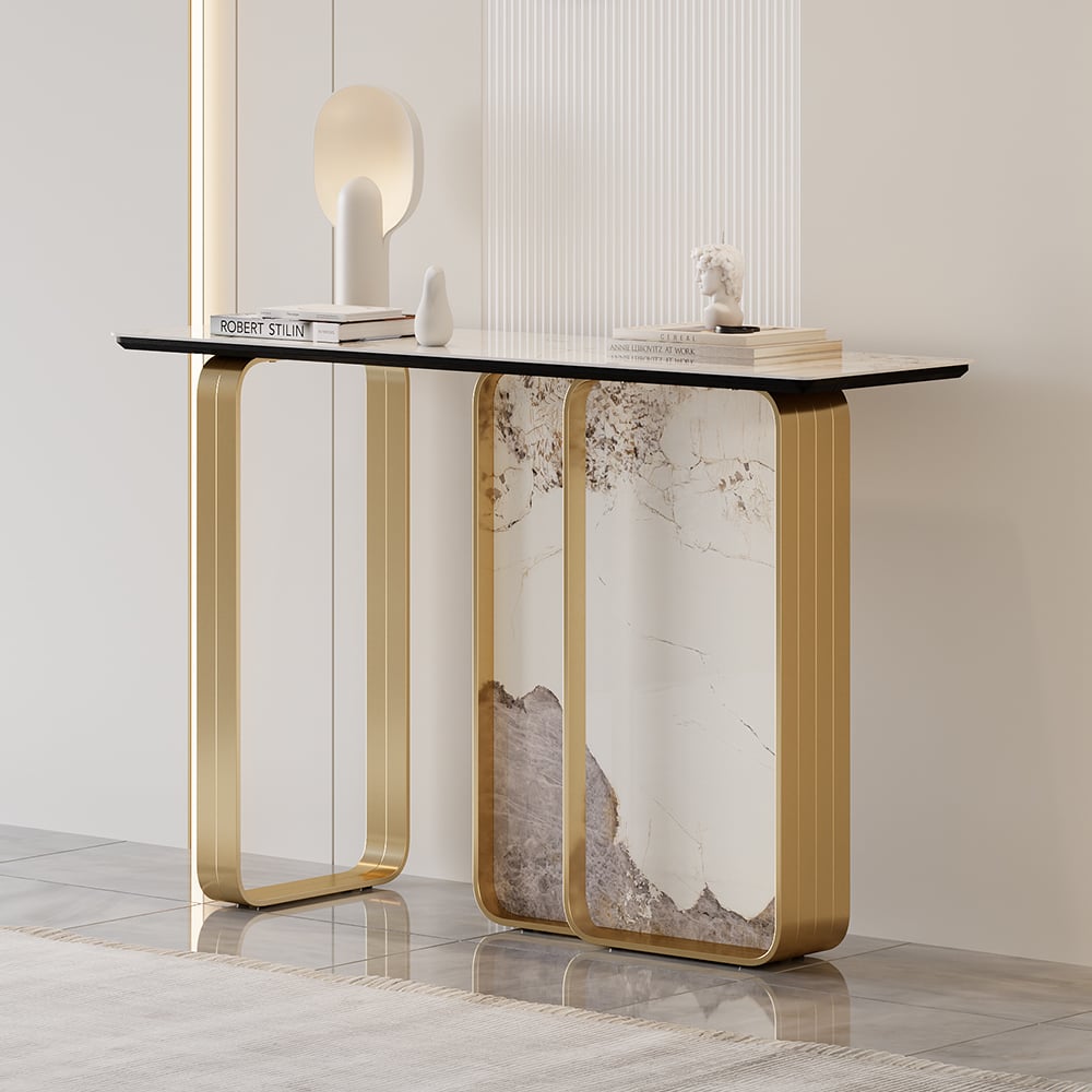 HMR - 47" W Modern Sintered Stone Console Table with Gold Stainless Steel Frame
