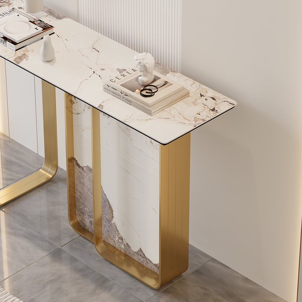 HMR - 47" W Modern Sintered Stone Console Table with Gold Stainless Steel Frame
