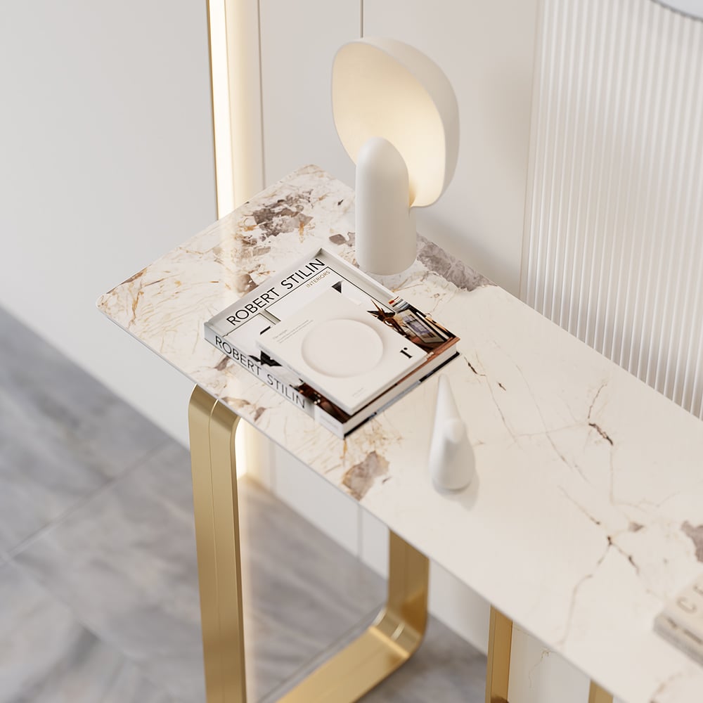 HMR - 47" W Modern Sintered Stone Console Table with Gold Stainless Steel Frame