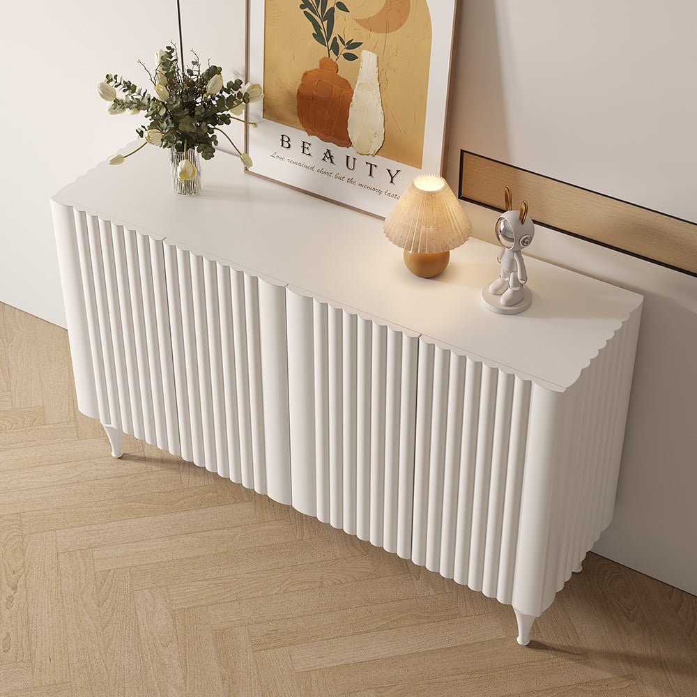 HMR - 59" Modern White Sideboard Buffet with Doors Carved Credenza Adjustable Shelves