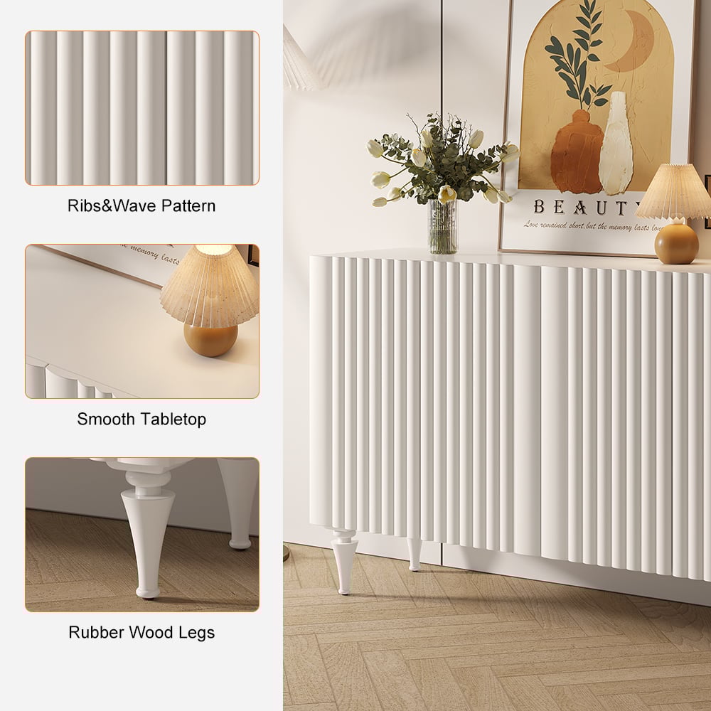 HMR - 59" Modern White Sideboard Buffet with Doors Carved Credenza Adjustable Shelves