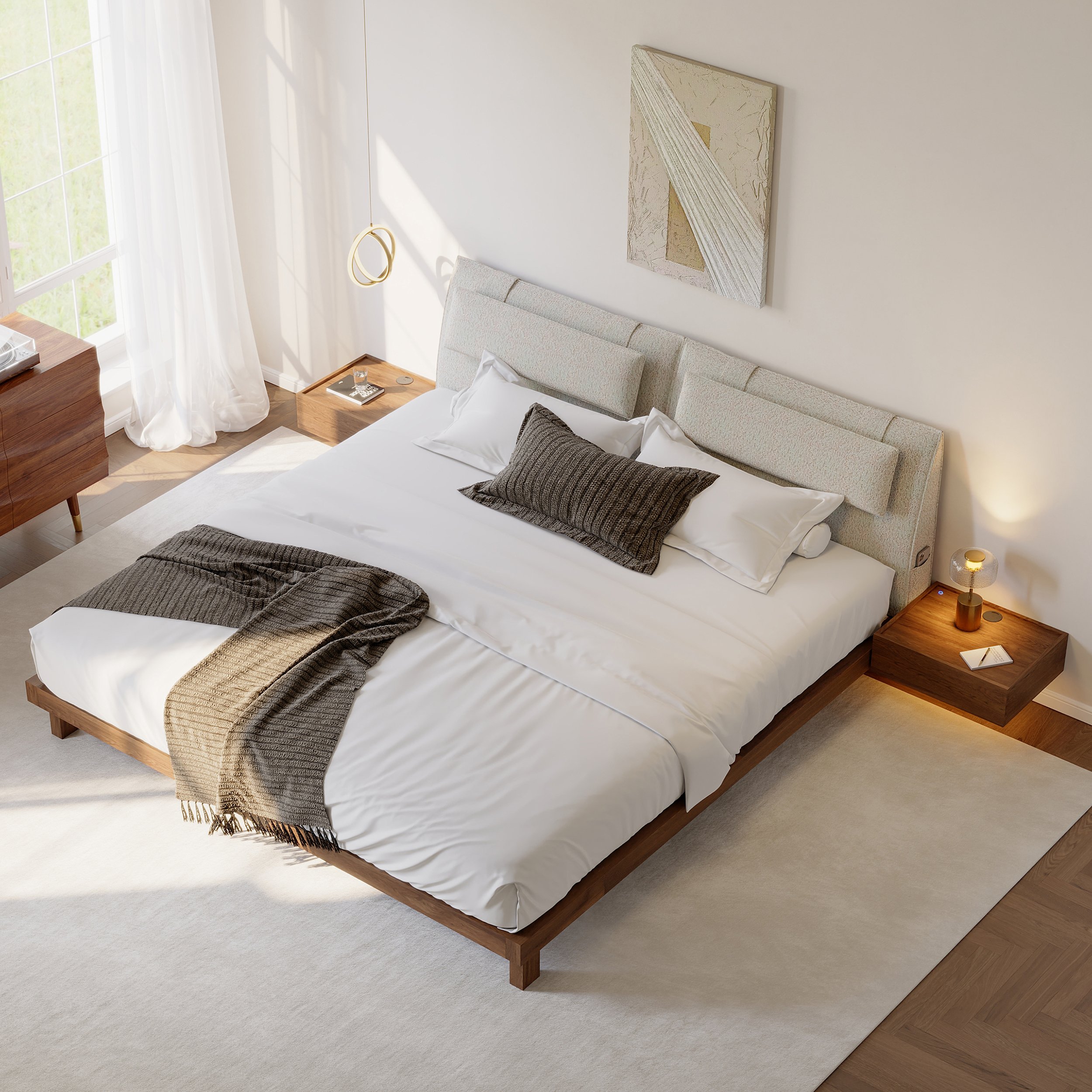 HMR - King Size Linen Bed with Floating Nightstands Bedroom Set