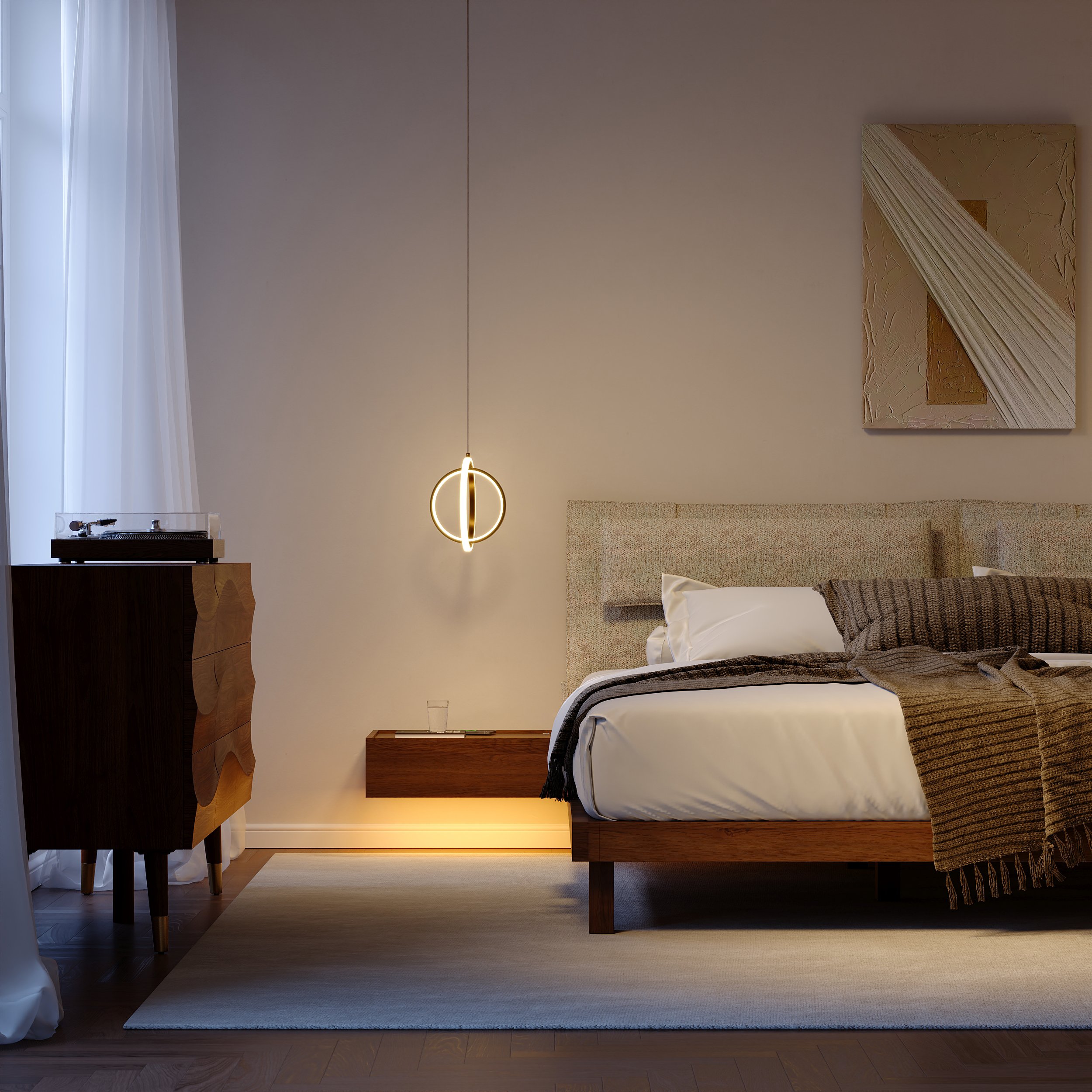 HMR - King Size Linen Bed with Floating Nightstands Bedroom Set