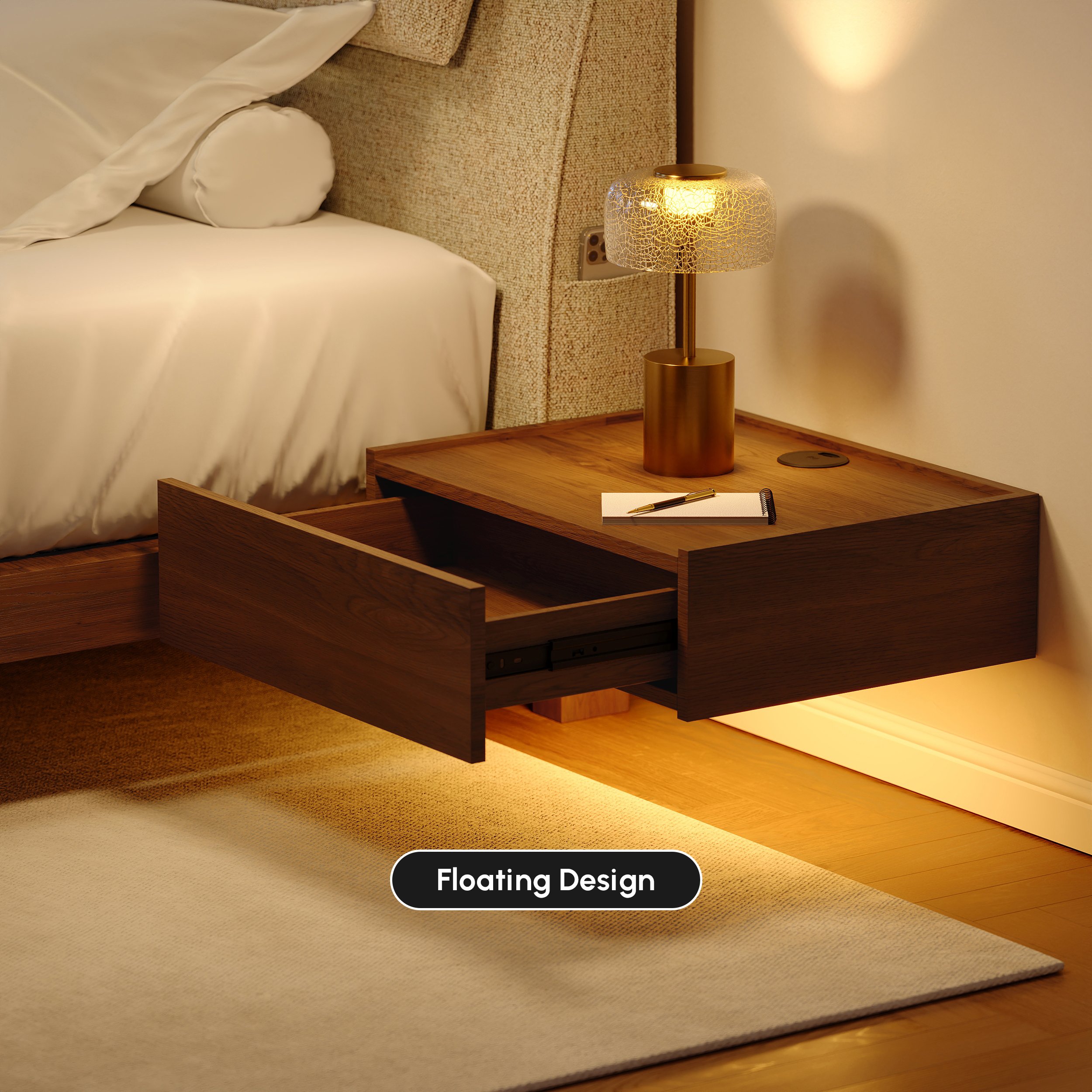 HMR - King Size Linen Bed with Floating Nightstands Bedroom Set