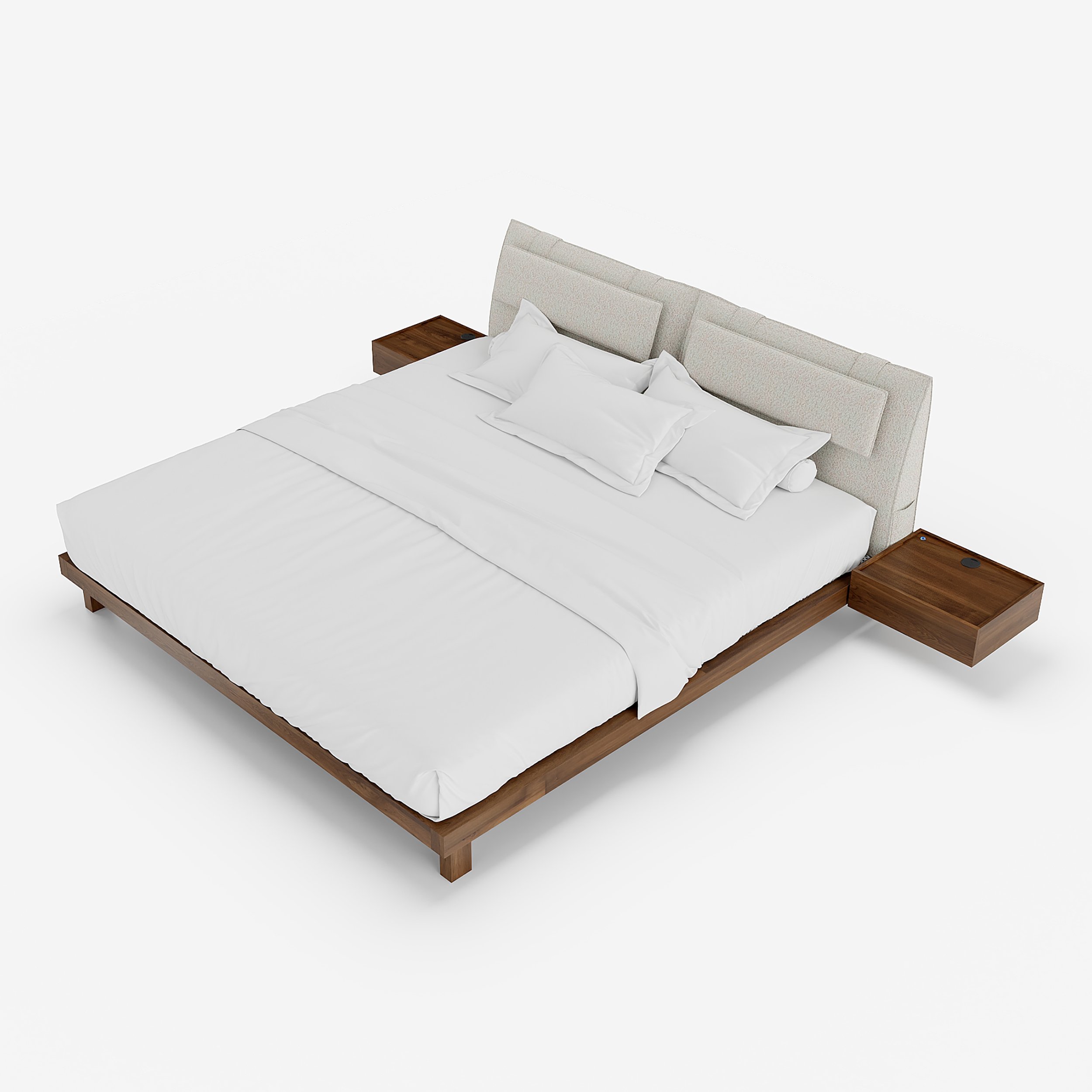 HMR - King Size Linen Bed with Floating Nightstands Bedroom Set