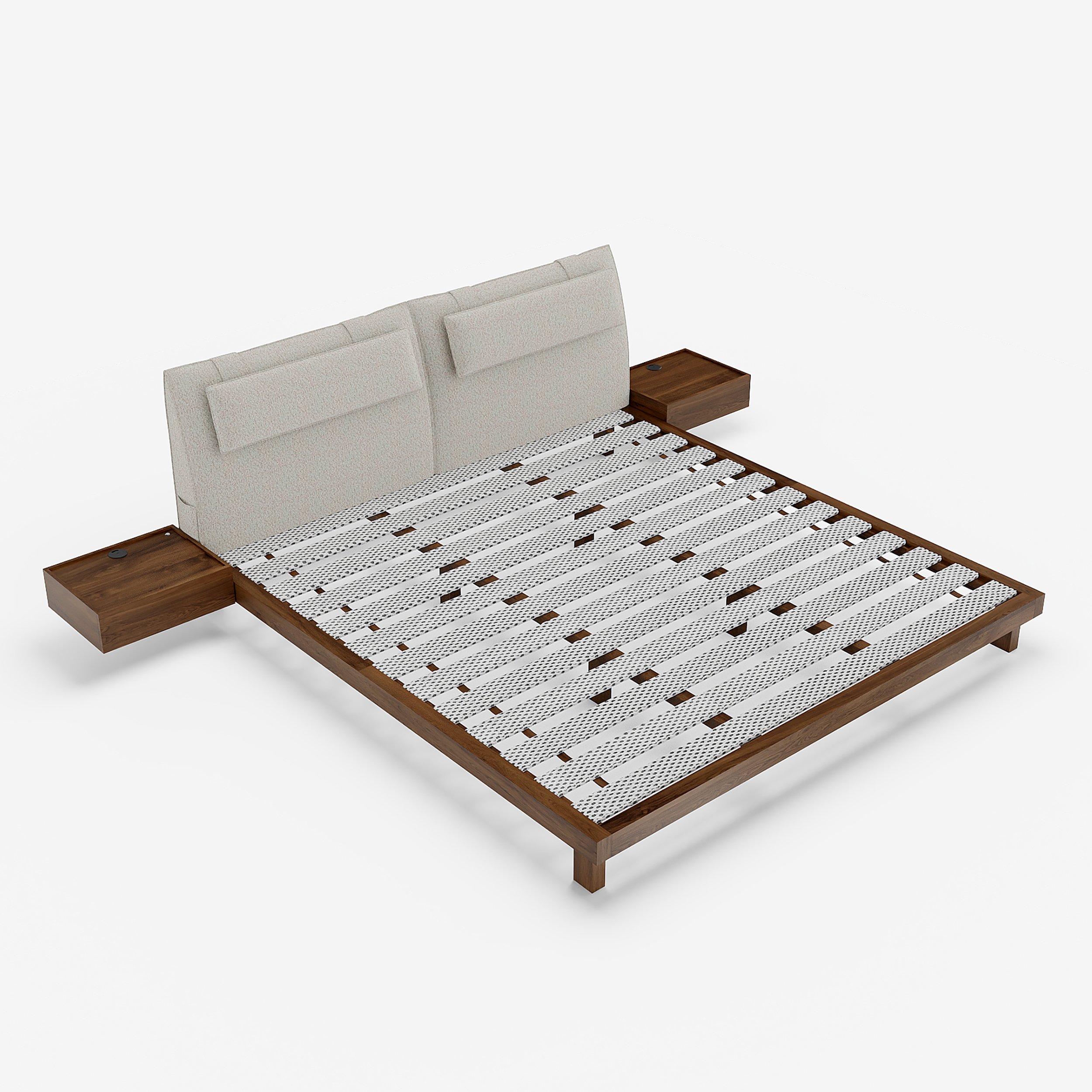HMR - King Size Linen Bed with Floating Nightstands Bedroom Set