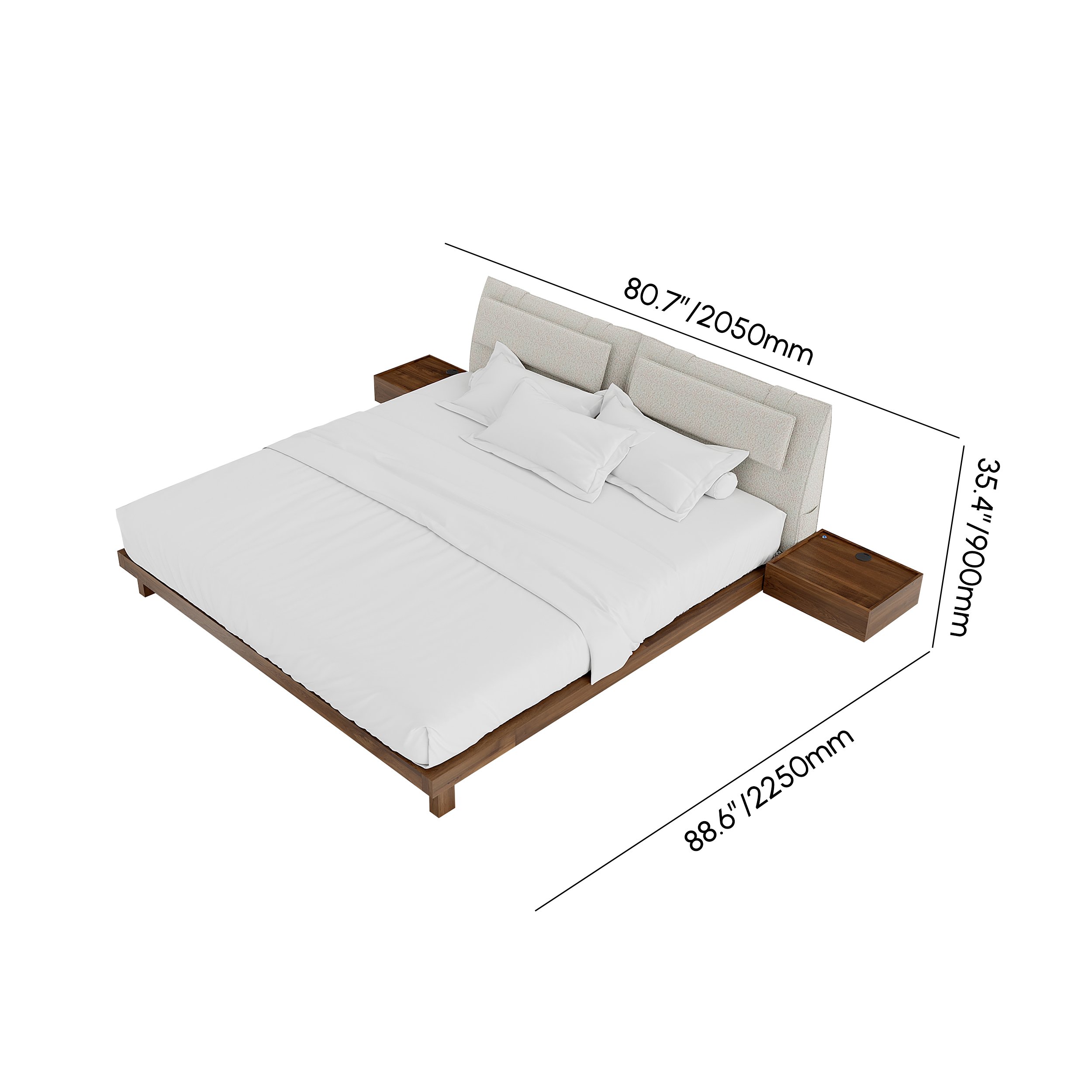 HMR - King Size Linen Bed with Floating Nightstands Bedroom Set