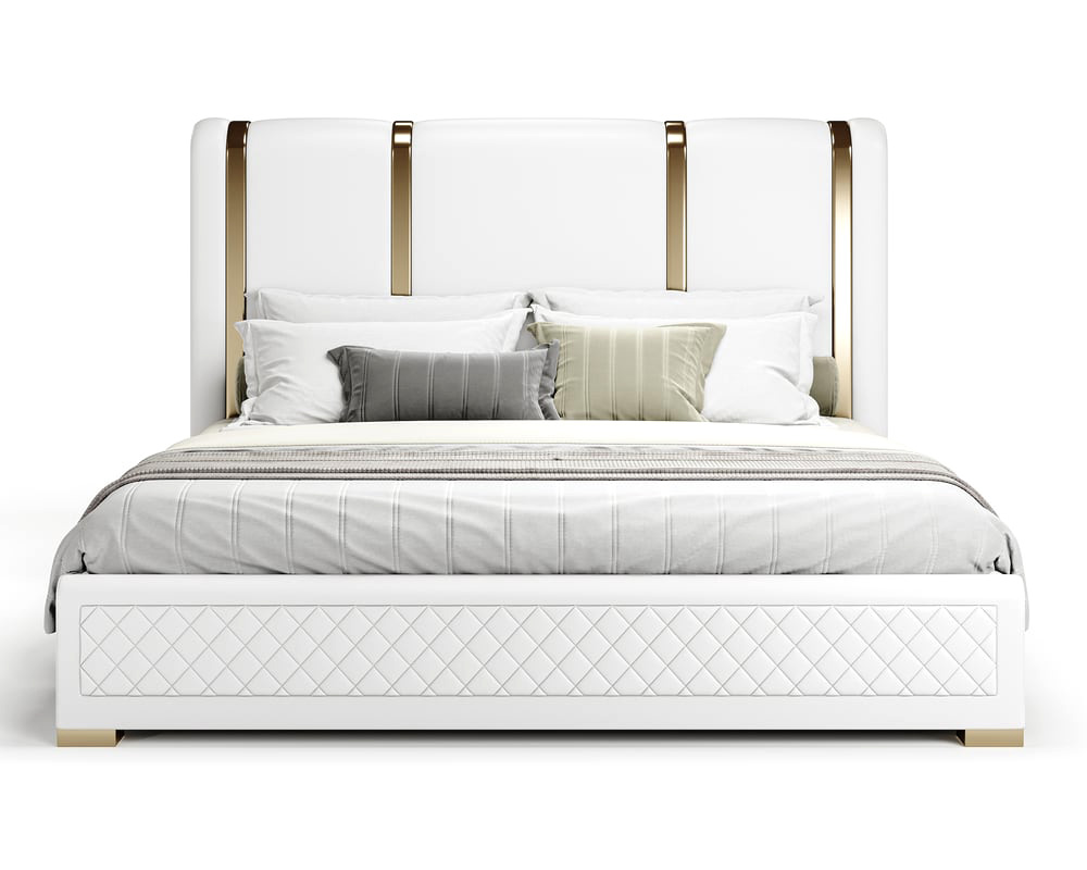 HMR King Size Upholstered Bed Frame Polished Gold & Faux Leather Headboard & Nightstands Set - Off-White