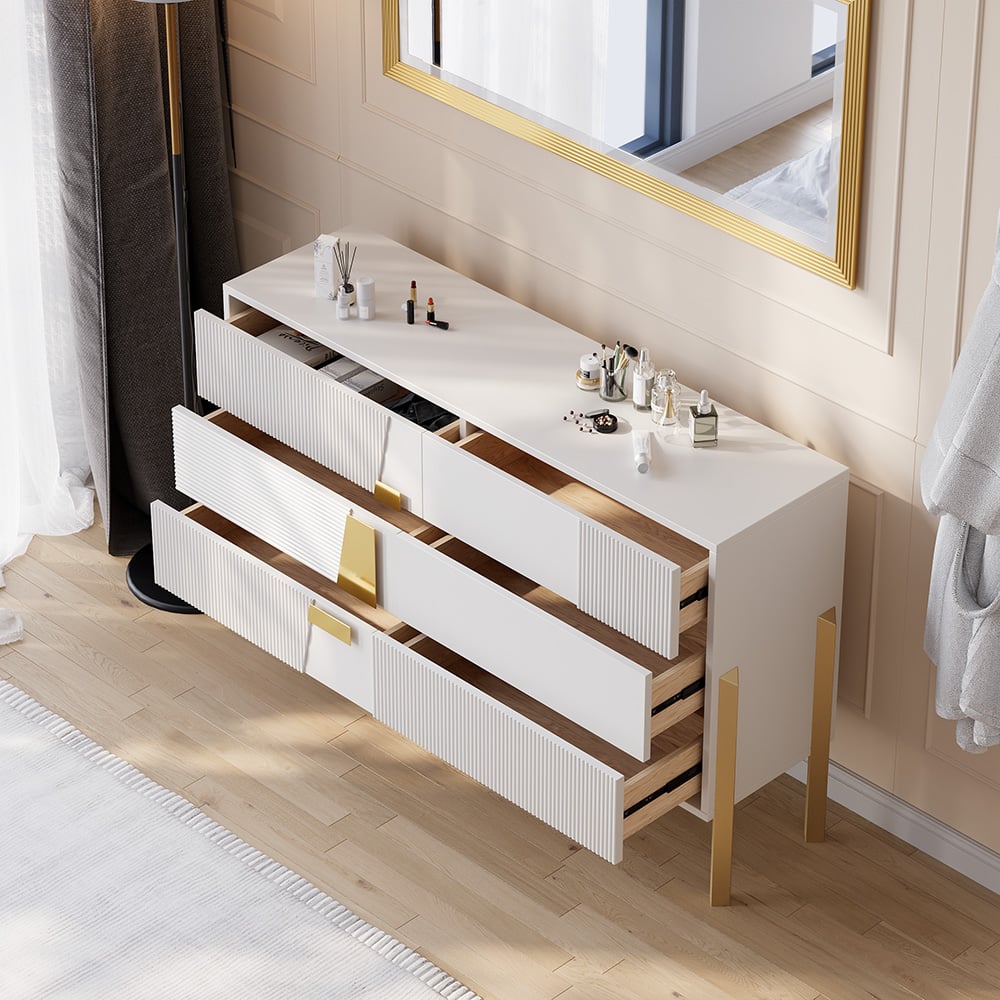 HMR - 55"W Modern White 6 Drawer Dresser Fluted Chest Storage Cabinet