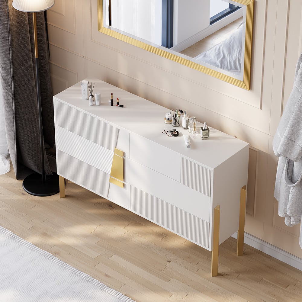 HMR - 55"W Modern White 6 Drawer Dresser Fluted Chest Storage Cabinet