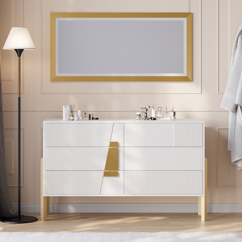 HMR - 55"W Modern White 6 Drawer Dresser Fluted Chest Storage Cabinet