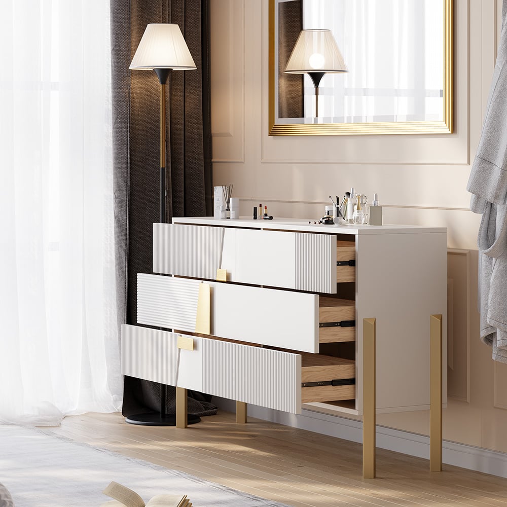 HMR - 55"W Modern White 6 Drawer Dresser Fluted Chest Storage Cabinet