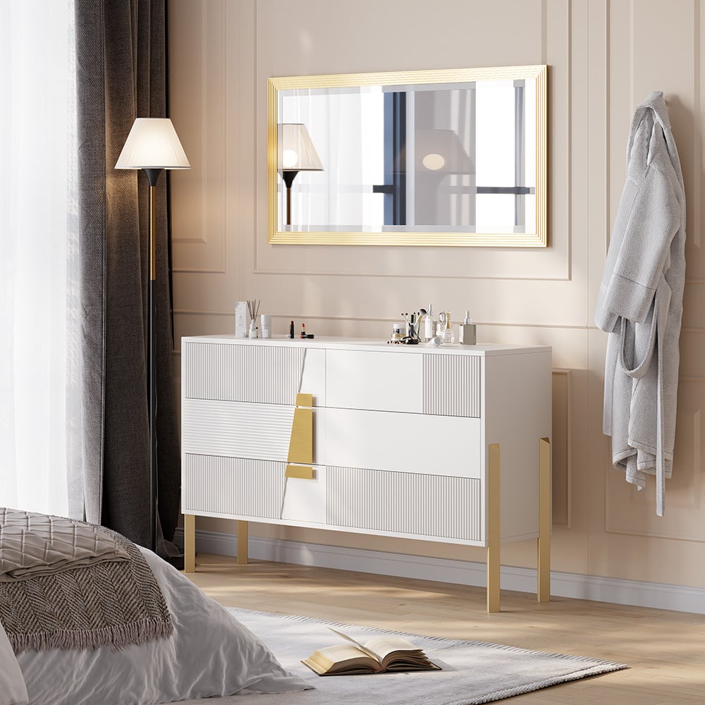 HMR - 55"W Modern White 6 Drawer Dresser Fluted Chest Storage Cabinet