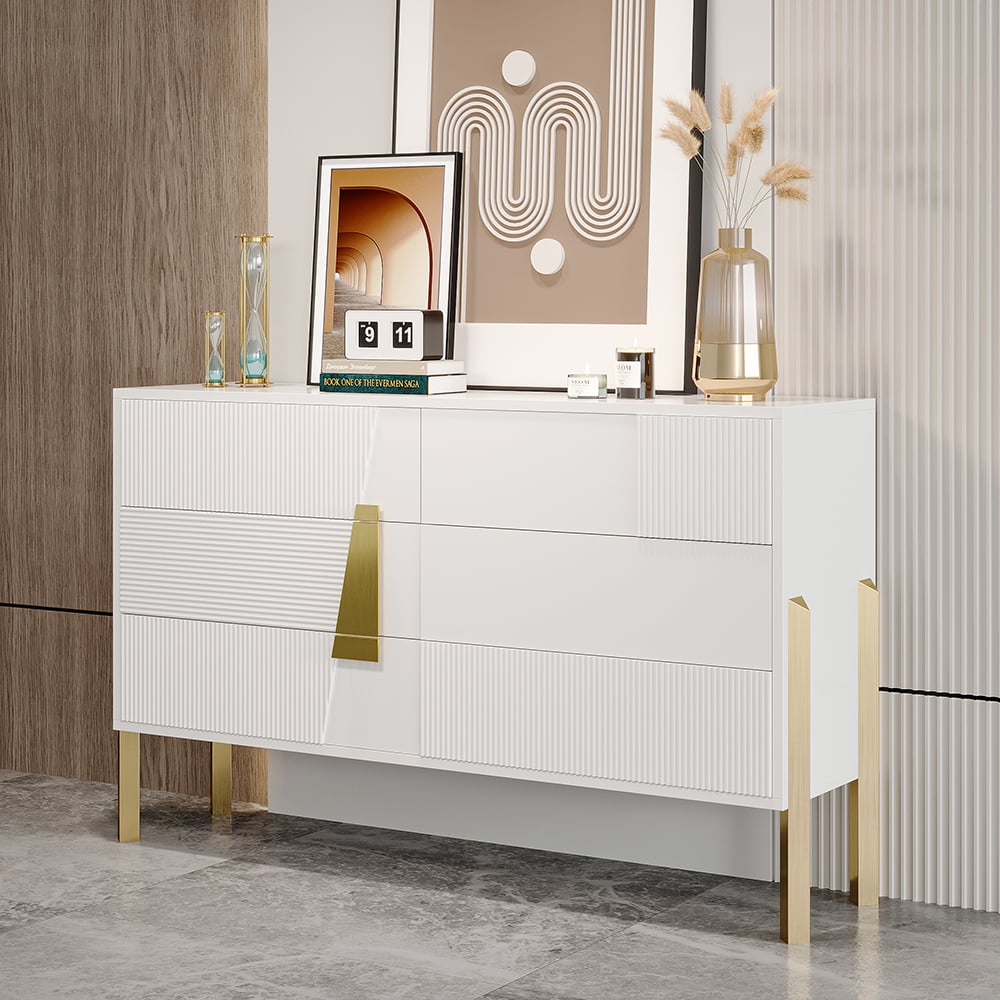 HMR - 55"W Modern White 6 Drawer Dresser Fluted Chest Storage Cabinet
