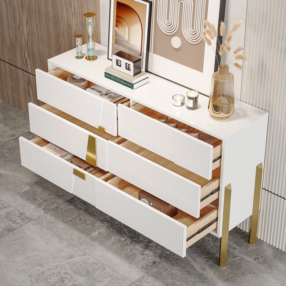 HMR - 55"W Modern White 6 Drawer Dresser Fluted Chest Storage Cabinet