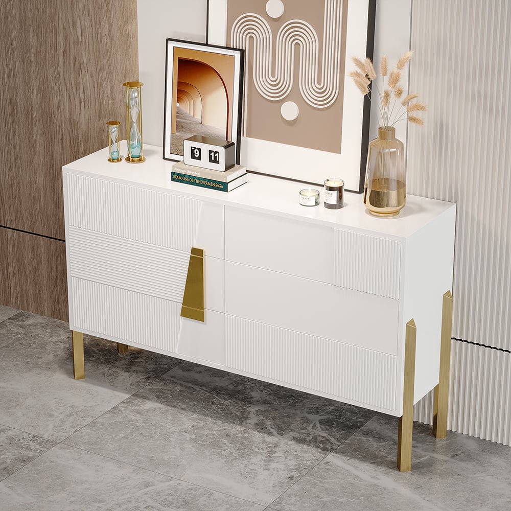 HMR - 55"W Modern White 6 Drawer Dresser Fluted Chest Storage Cabinet