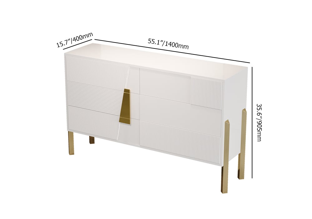HMR - 55"W Modern White 6 Drawer Dresser Fluted Chest Storage Cabinet
