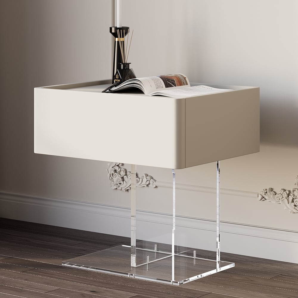 HMR - Modern White Faux Leather Floating Nightstand Bedside Table with Acrylic Frame
