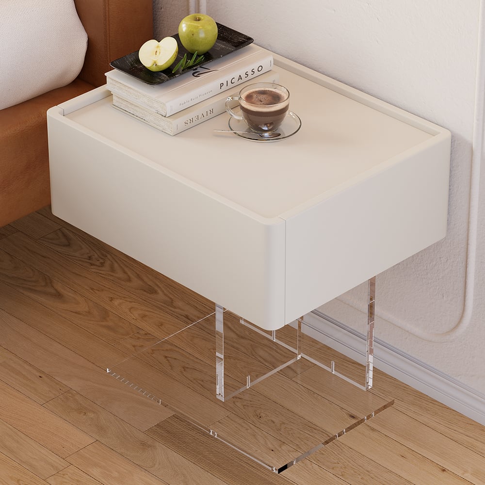 HMR - Modern White Faux Leather Floating Nightstand Bedside Table with Acrylic Frame