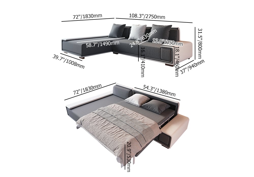 HMR - Doart 108.3" Cotton & Linen Convertible Sleeper Sofa Modular Corner L-Shaped 4-Seater