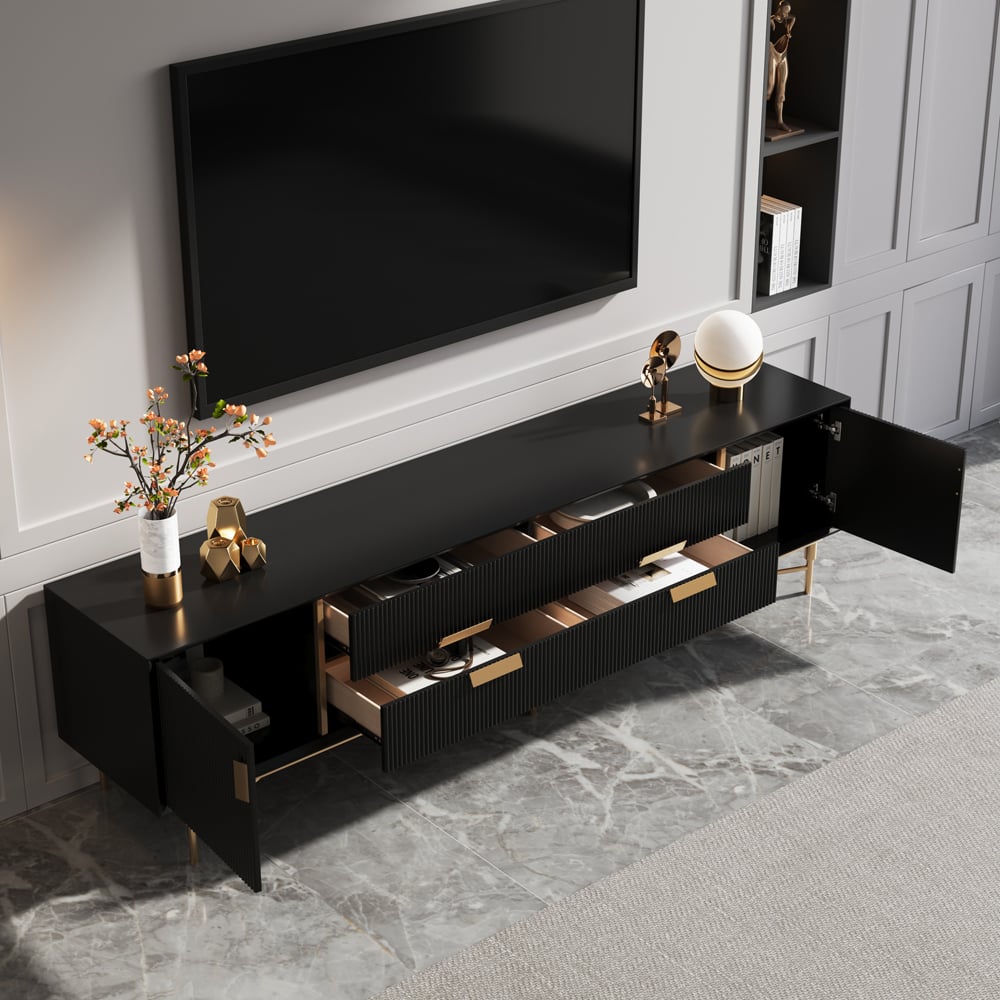HMR Modern Rectangle TV Stand Media Console for 85" TVs with 4 Drawers & Doors MDF - Black, 78.7"