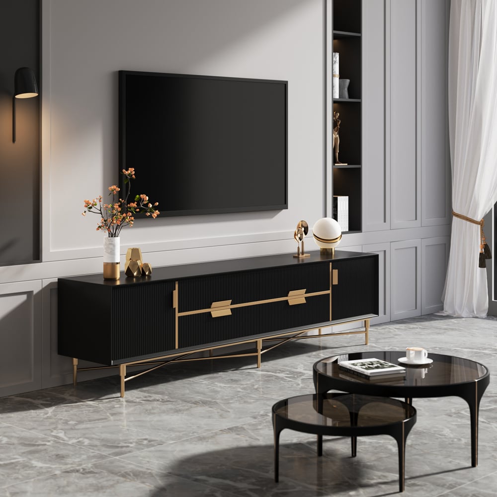 HMR Modern Rectangle TV Stand Media Console for 85" TVs with 4 Drawers & Doors MDF - Black, 78.7"