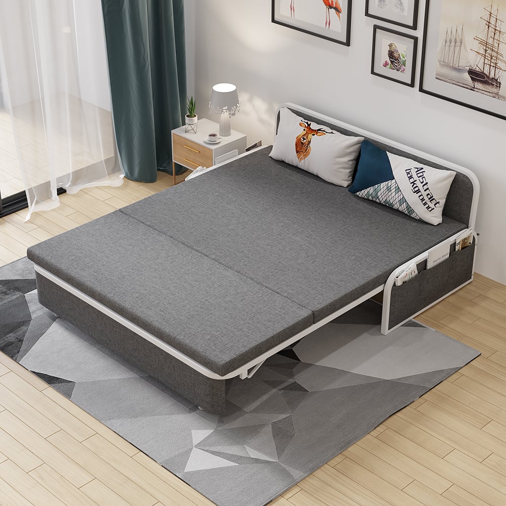 HMR Modern 2-Seater Linen Sleeper Sofa with Trundle - Deep Gray, Queen Size