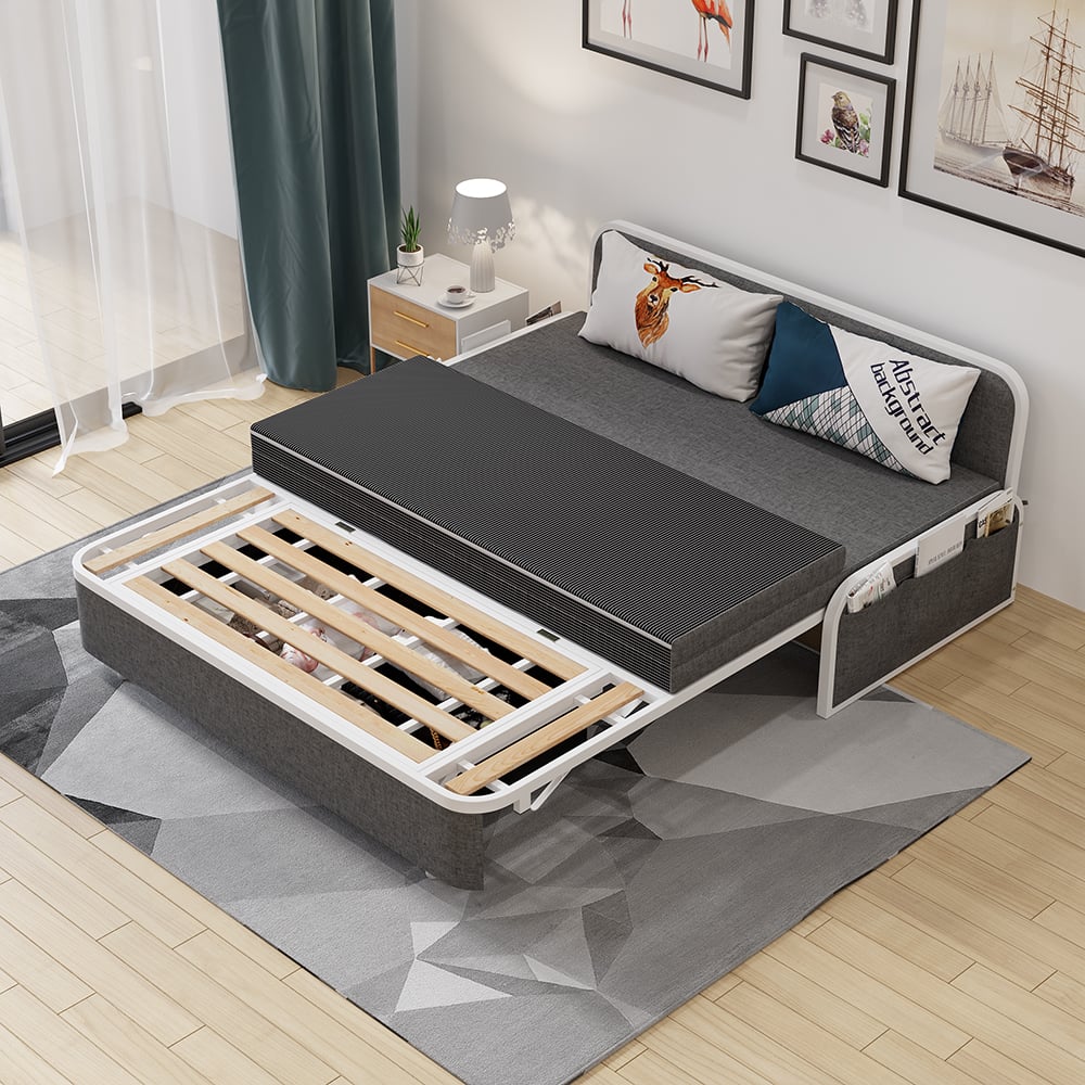HMR Modern 2-Seater Linen Sleeper Sofa with Trundle - Deep Gray, Queen Size