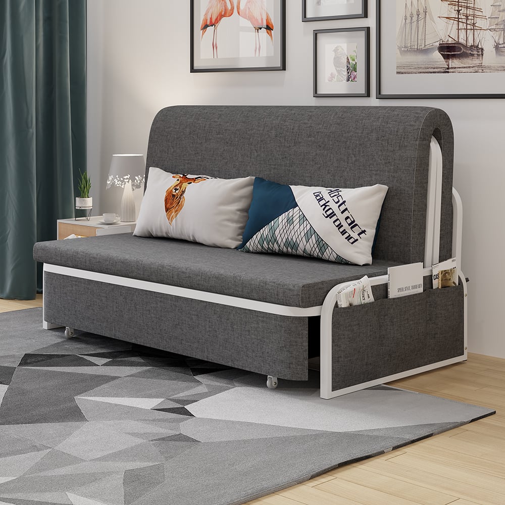 HMR Modern 2-Seater Linen Sleeper Sofa with Trundle - Deep Gray, Queen Size