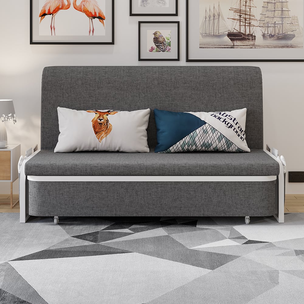 HMR Modern 2-Seater Linen Sleeper Sofa with Trundle - Deep Gray, Queen Size