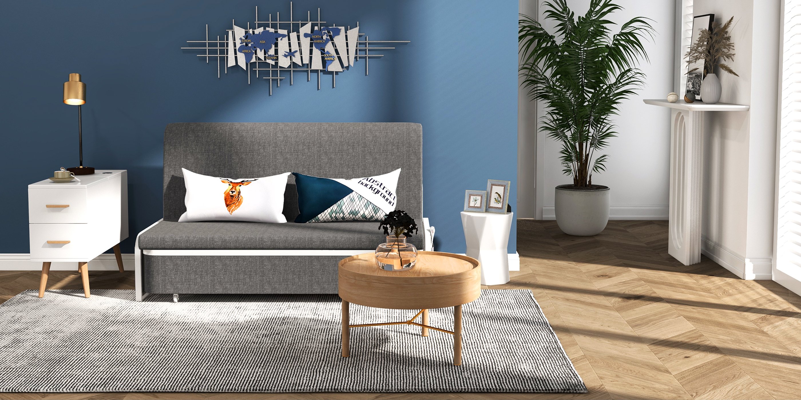 HMR Modern 2-Seater Linen Sleeper Sofa with Trundle - Deep Gray, Queen Size