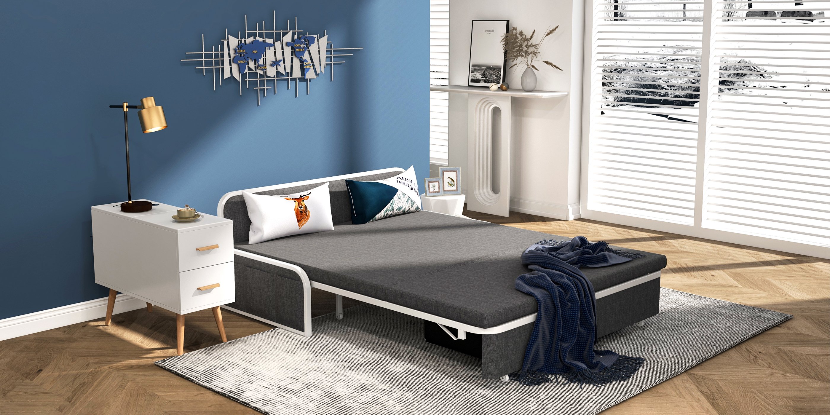 HMR Modern 2-Seater Linen Sleeper Sofa with Trundle - Deep Gray, Queen Size