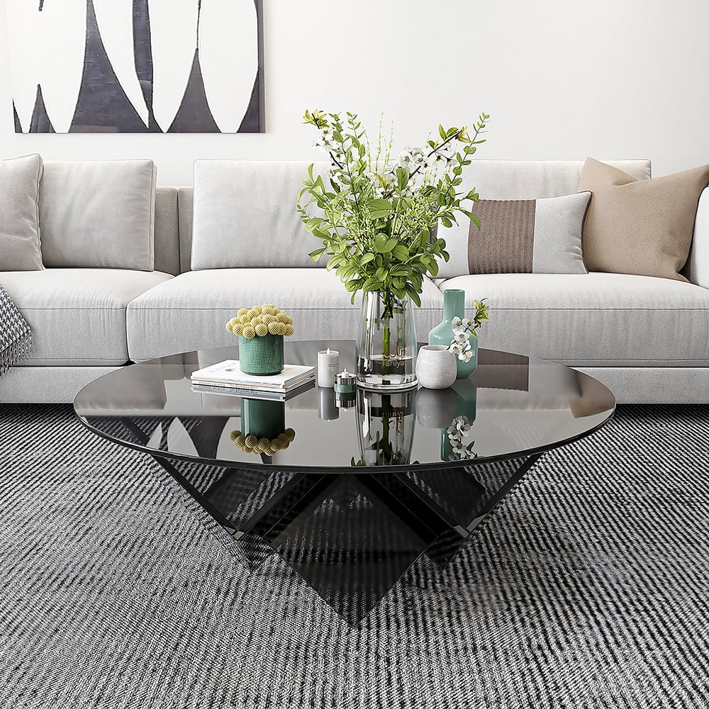 HMR - Acrylic Black Round Coffee Table in Geometric Abstract Art Deco Base Storage Shelves