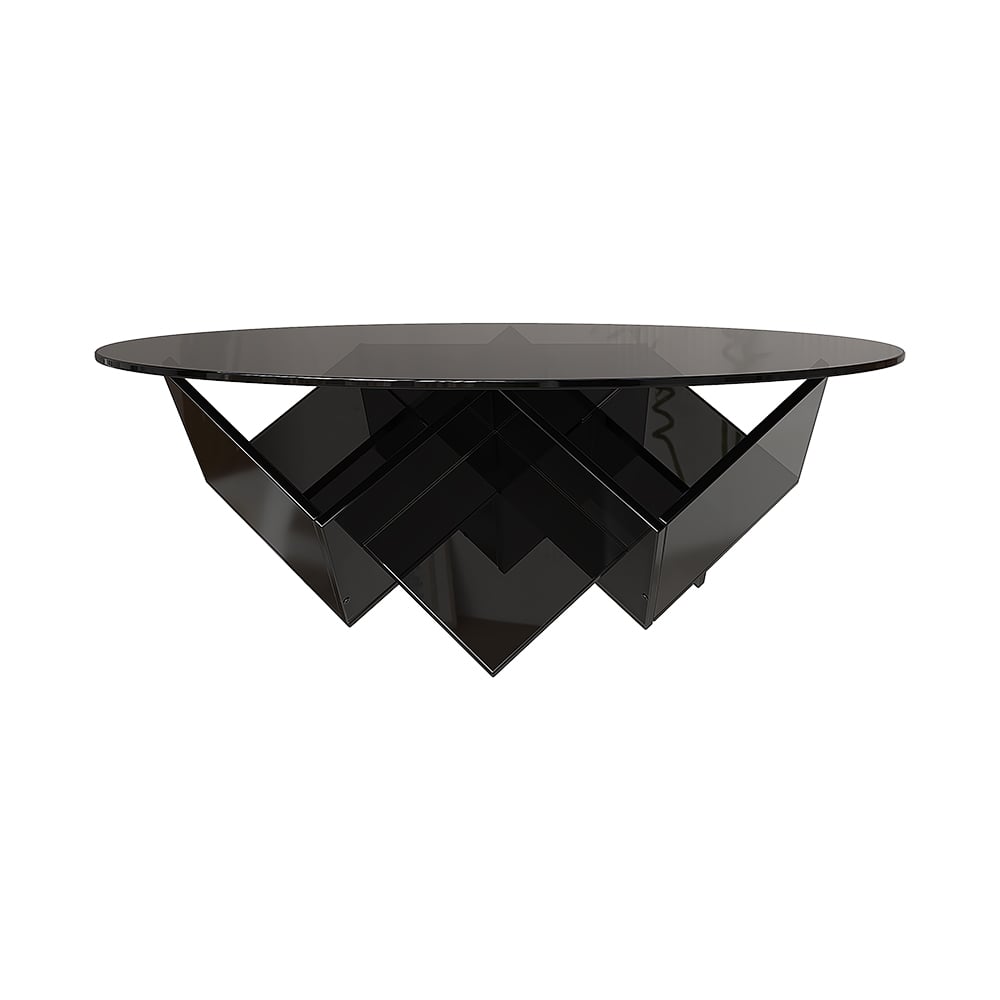 HMR - Acrylic Black Round Coffee Table in Geometric Abstract Art Deco Base Storage Shelves