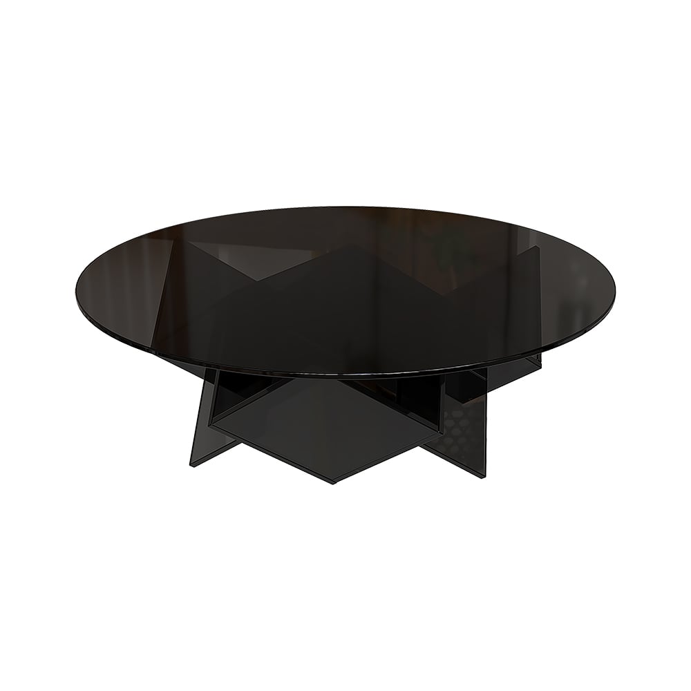 HMR - Acrylic Black Round Coffee Table in Geometric Abstract Art Deco Base Storage Shelves