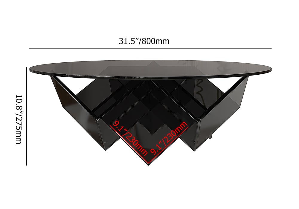HMR - Acrylic Black Round Coffee Table in Geometric Abstract Art Deco Base Storage Shelves