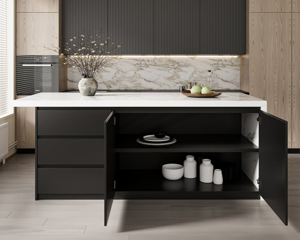 HMR Kitchen Island with Storage - White & Black, 72“/1830mm, Sintered Stone