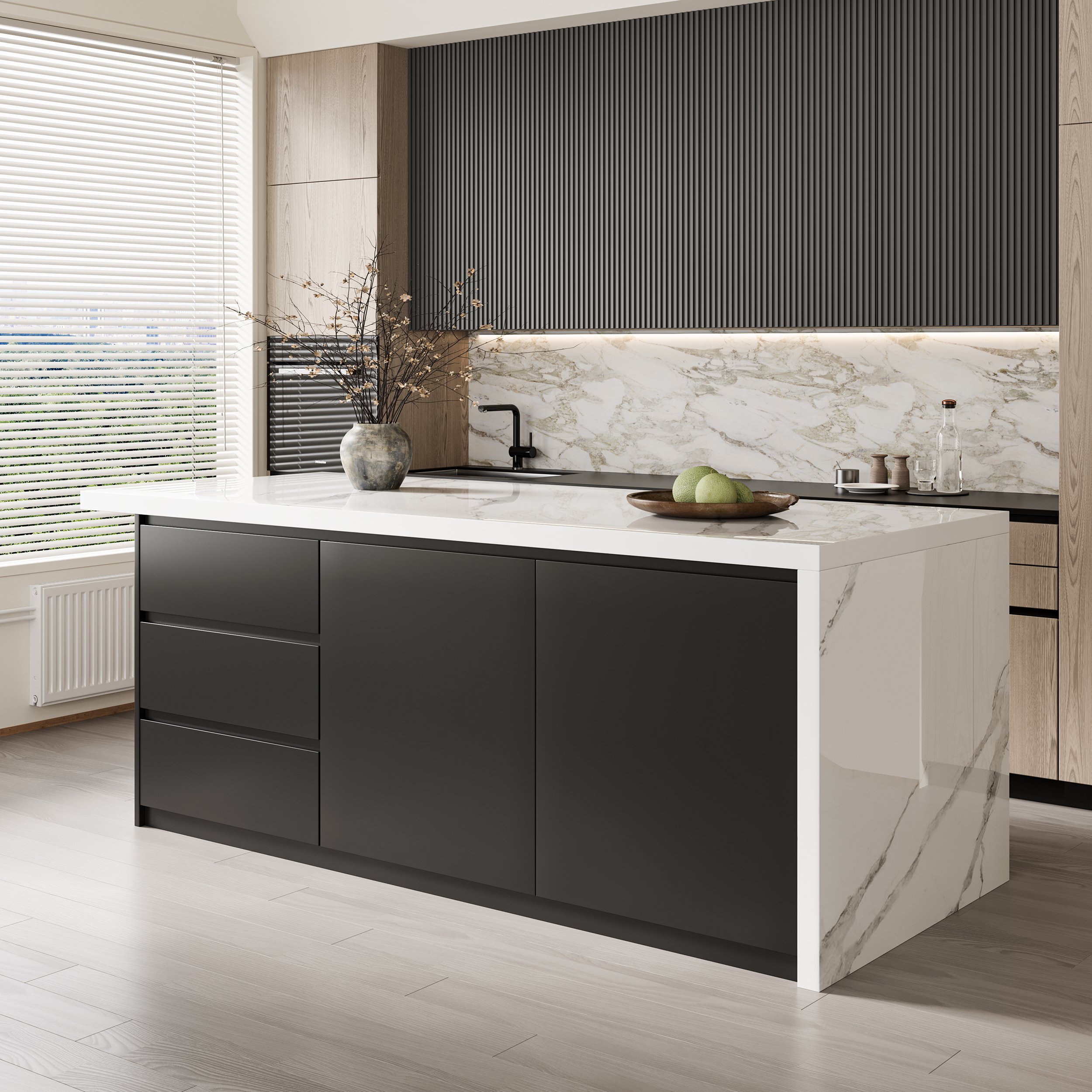 HMR Kitchen Island with Storage - White & Black, 72“/1830mm, Sintered Stone