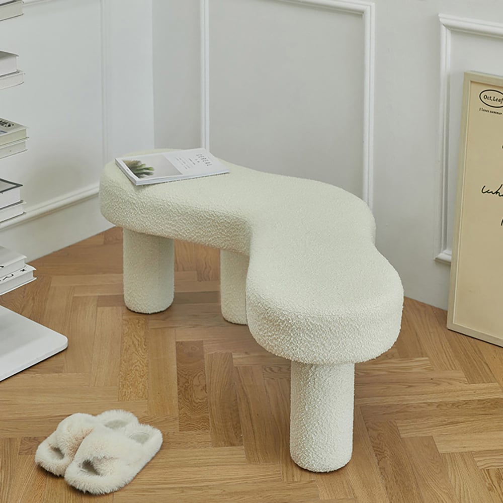 HMR - Modern White Bedroom Bench Boucle Tufted Long Bench with 4 Legs