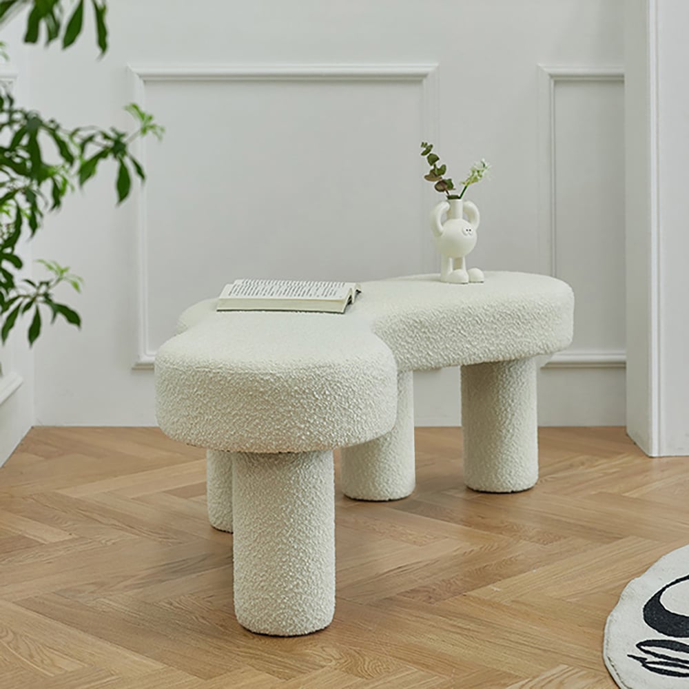 HMR - Modern White Bedroom Bench Boucle Tufted Long Bench with 4 Legs