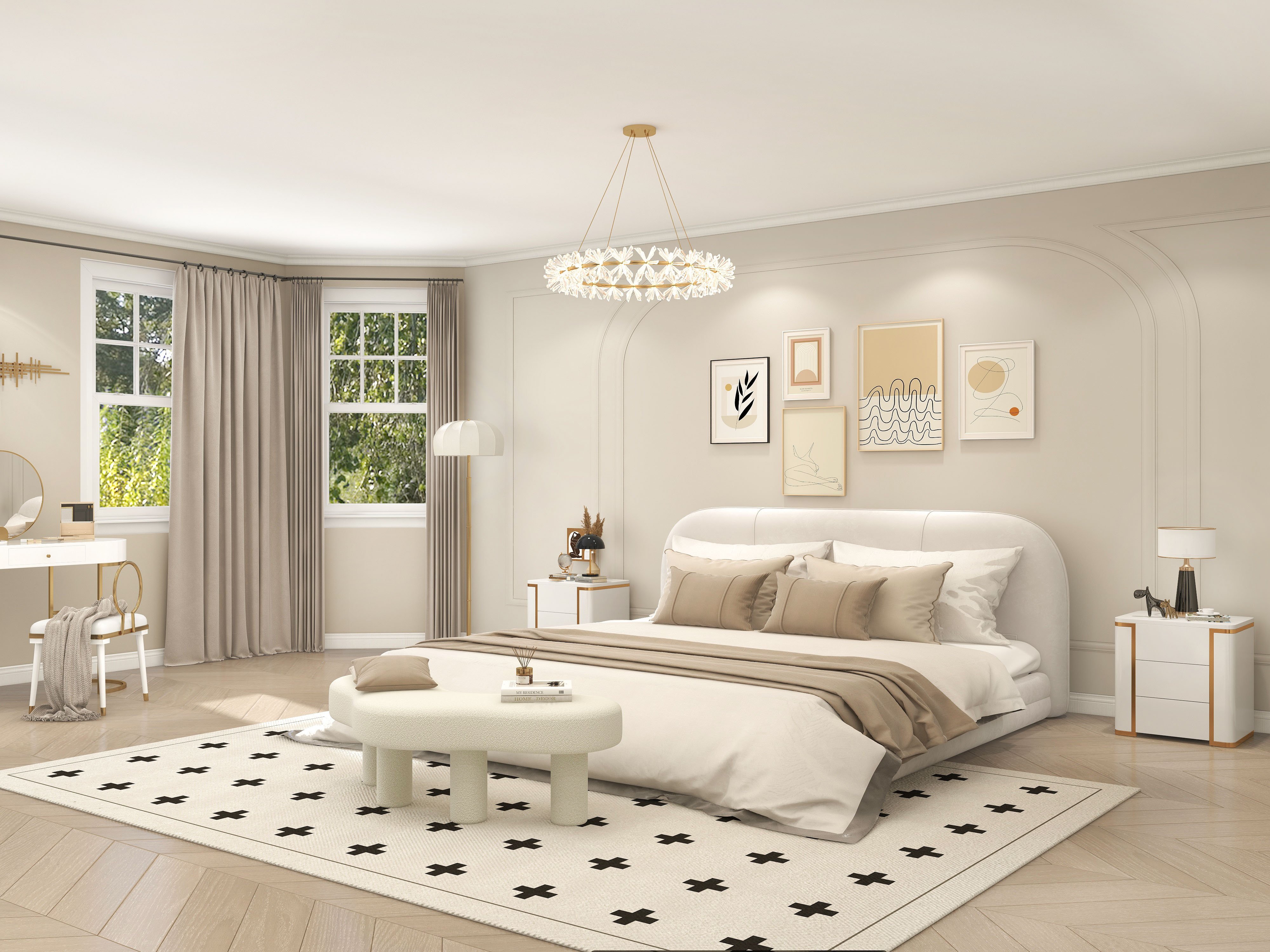 HMR - Modern White Bedroom Bench Boucle Tufted Long Bench with 4 Legs