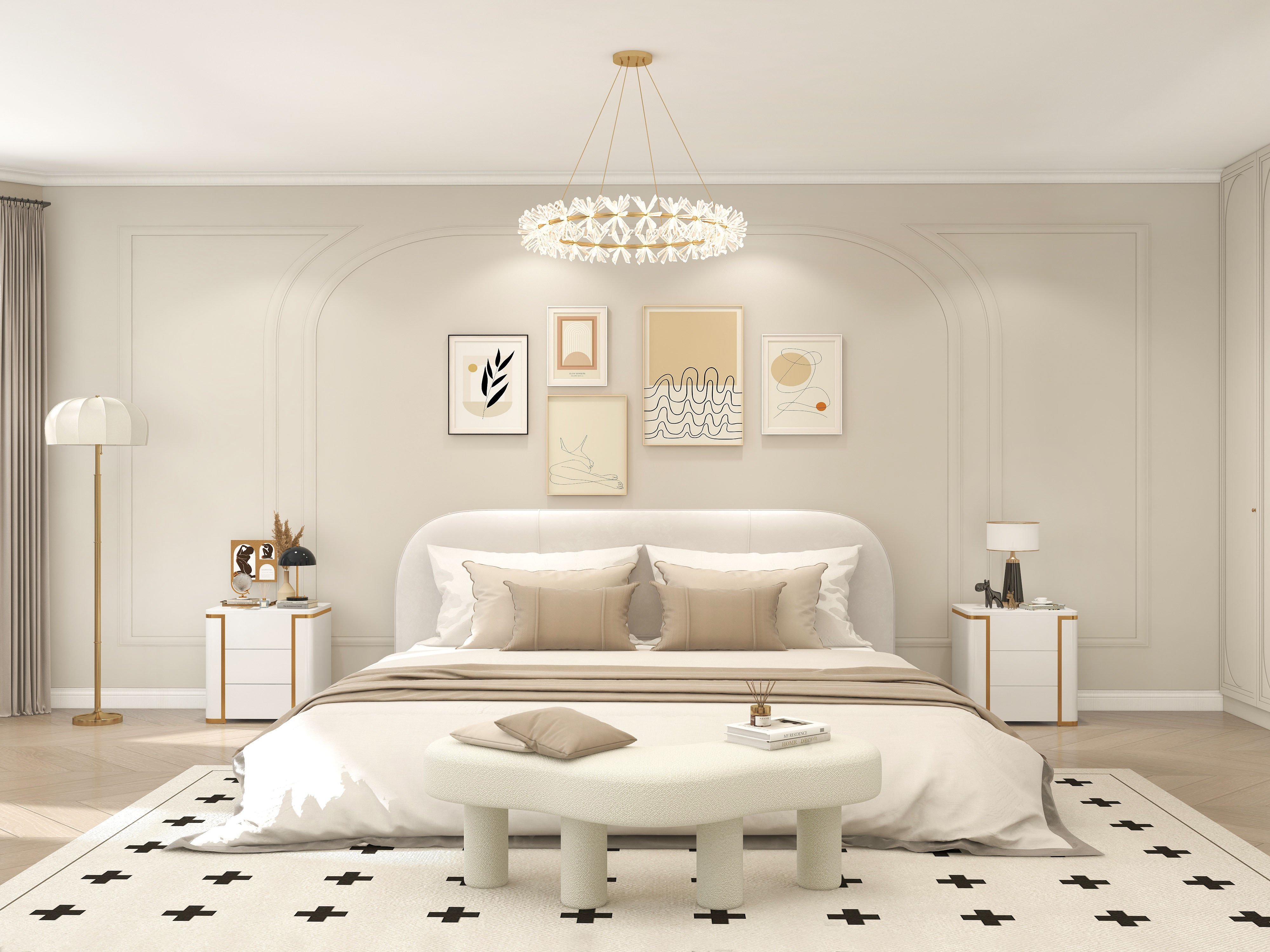 HMR - Modern White Bedroom Bench Boucle Tufted Long Bench with 4 Legs