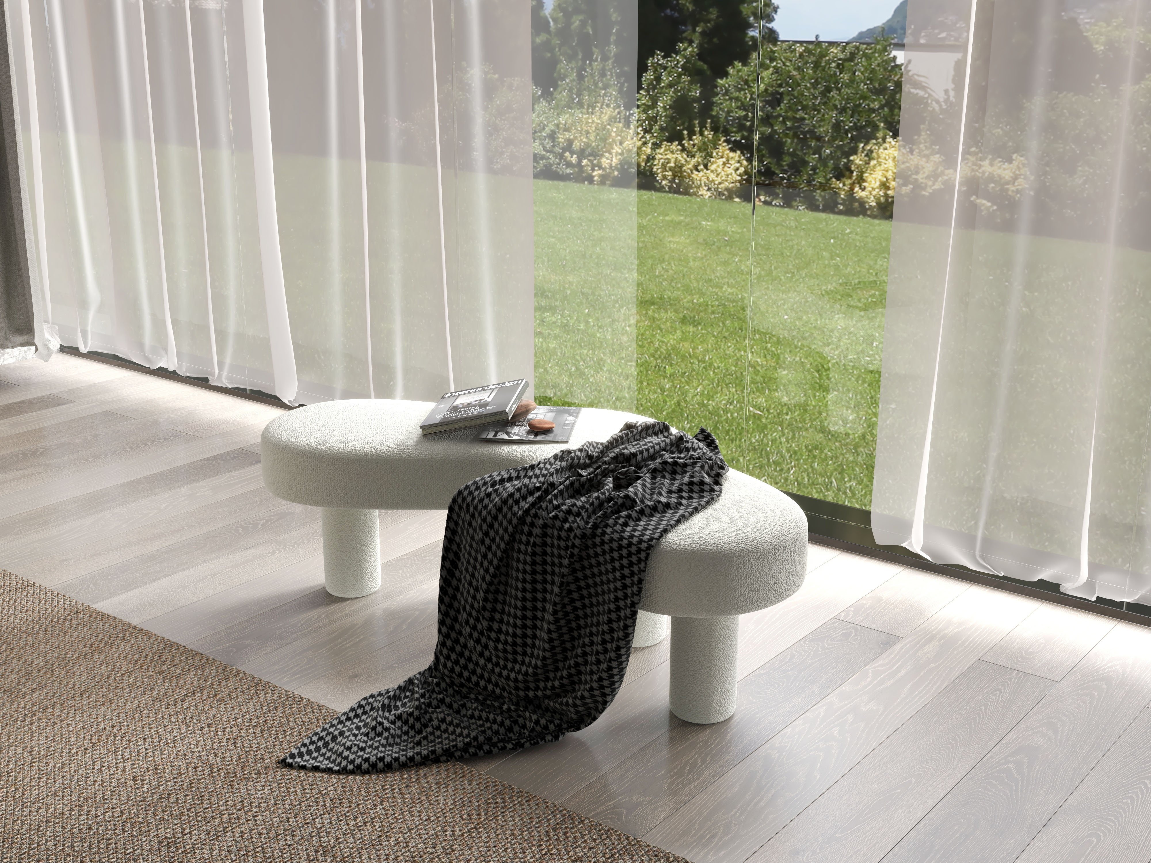 HMR - Modern White Bedroom Bench Boucle Tufted Long Bench with 4 Legs