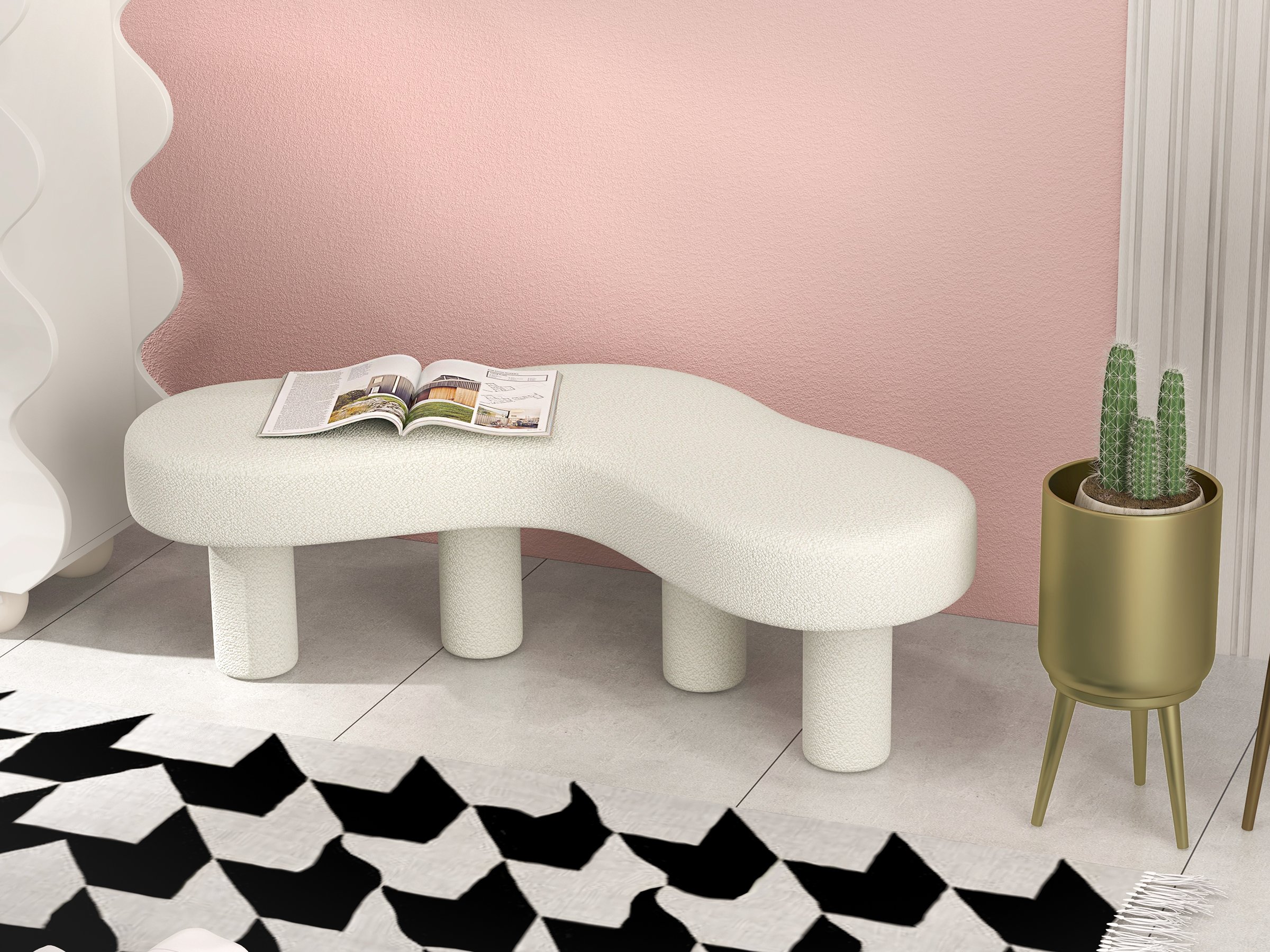 HMR - Modern White Bedroom Bench Boucle Tufted Long Bench with 4 Legs