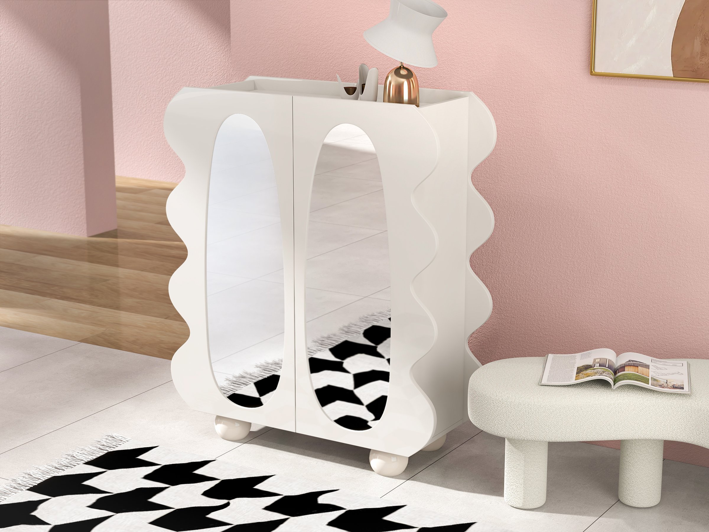 HMR - Modern White Bedroom Bench Boucle Tufted Long Bench with 4 Legs
