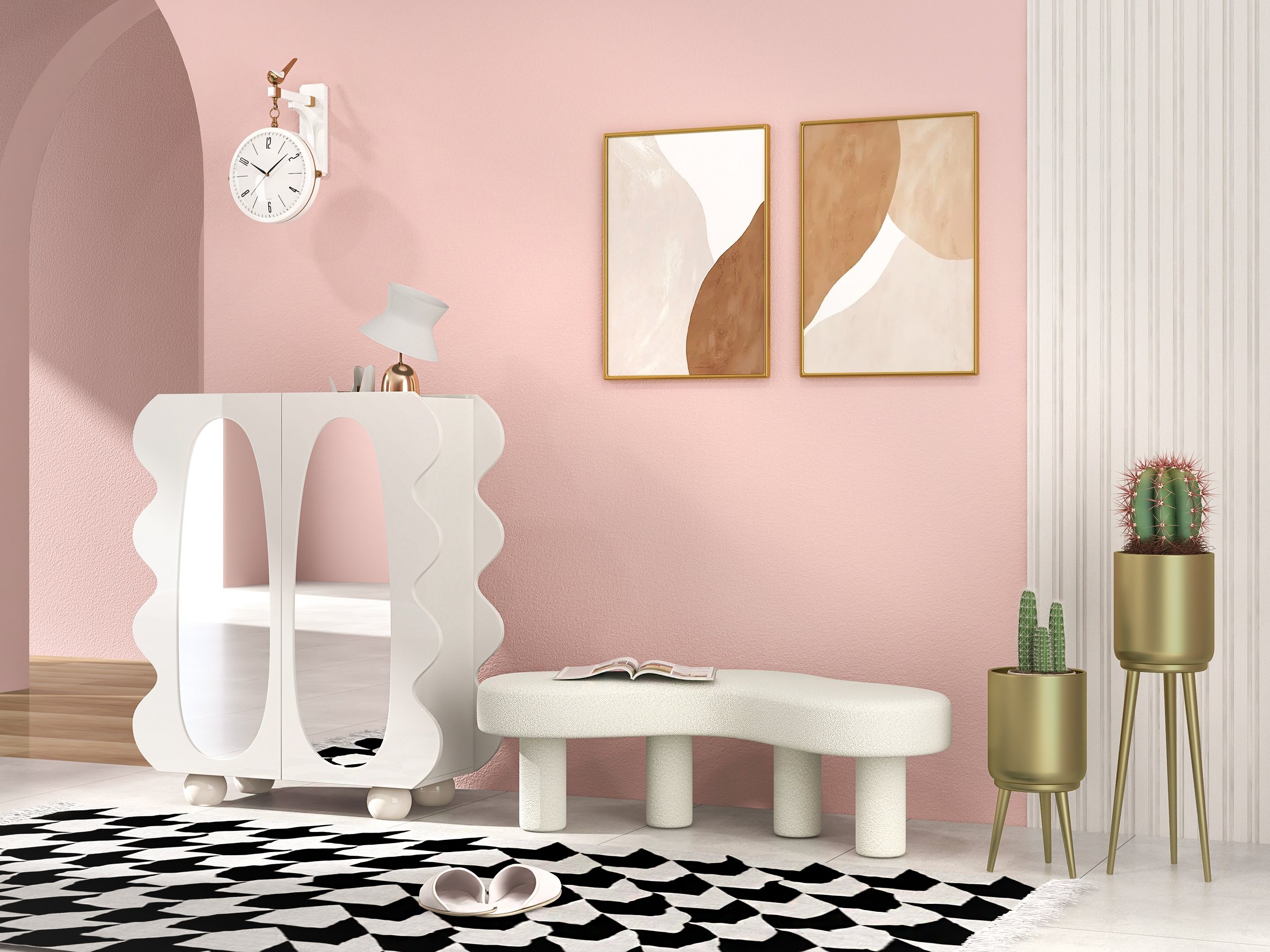 HMR - Modern White Bedroom Bench Boucle Tufted Long Bench with 4 Legs