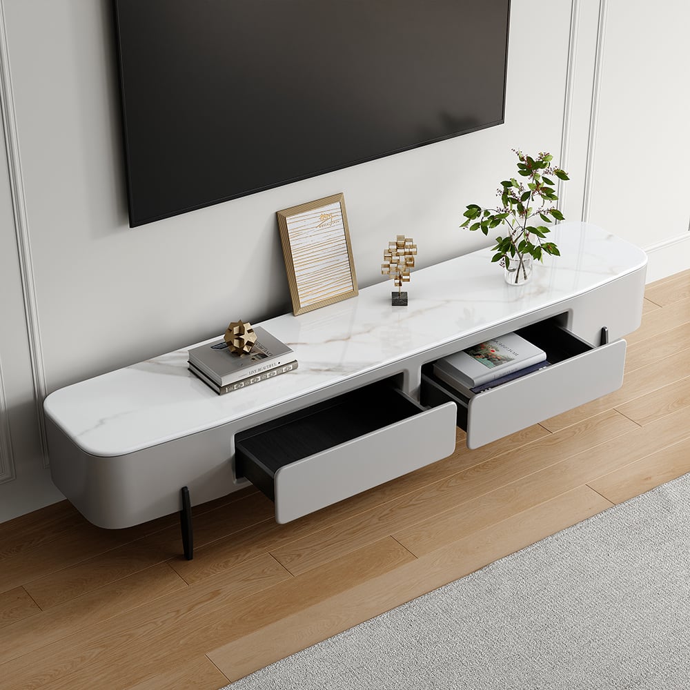 HMR - Galure Modern Long Light Gray Faux Marble TV Stand Storage Media Console for 75'' TV