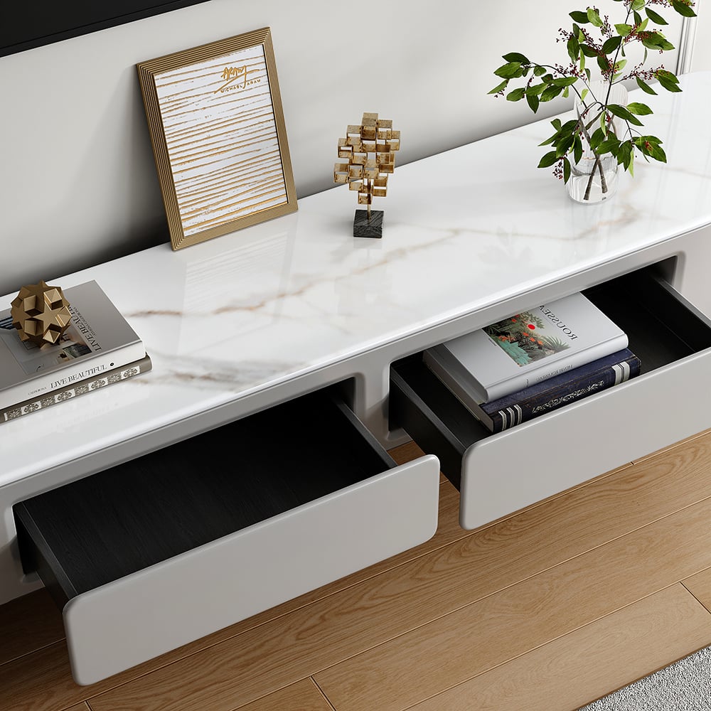 HMR - Galure Modern Long Light Gray Faux Marble TV Stand Storage Media Console for 75'' TV