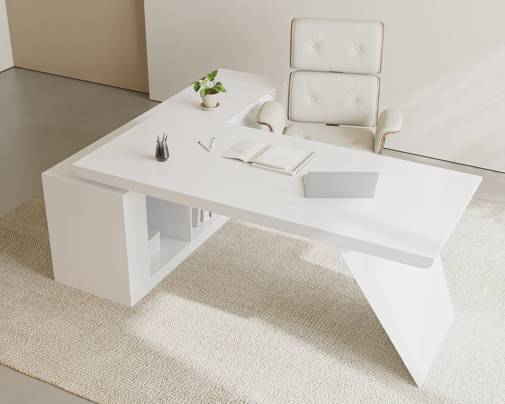 HMR Modern L-Shape Executive Desk & Office Chair Set - White, 70.9"L x 70.9"W x 29.5"H, Right Hand